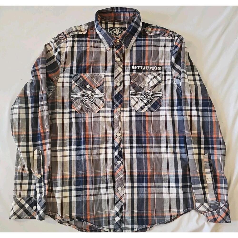 Affliction Shirt Men's‎ L Blue Orange Plaid Biker Western Button Up Long Sleeve